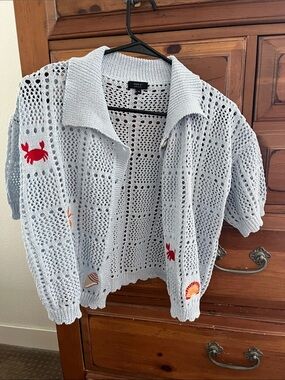 debut Pale Blue Open-Knit Collared Cardigan with Embroidered Sea Icons NWOT